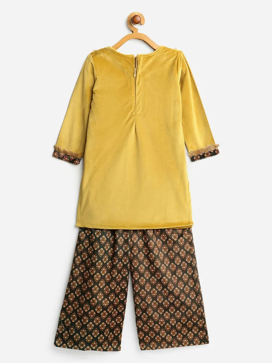 Ahalyaa Mustard Color Digital Print Velvet kids Kurta Palazzo Set For Girls