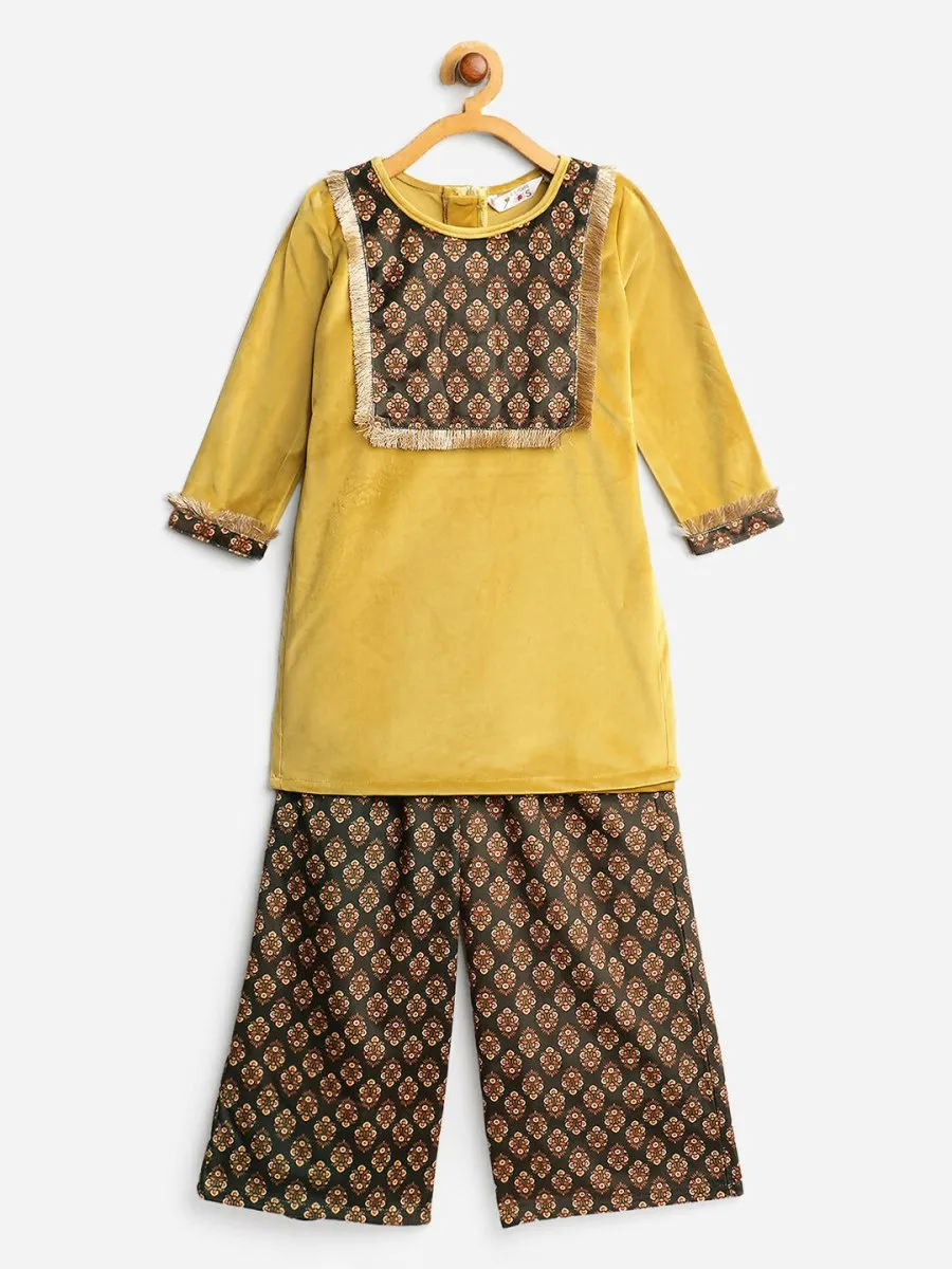 Ahalyaa Mustard Color Digital Print Velvet kids Kurta Palazzo Set For Girls