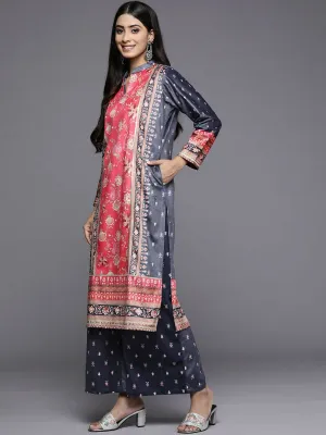 Ahalyaa Women Navy Blue Ethnic Motifs Printed Gotta Patti Velvet Kurta with Palazzos