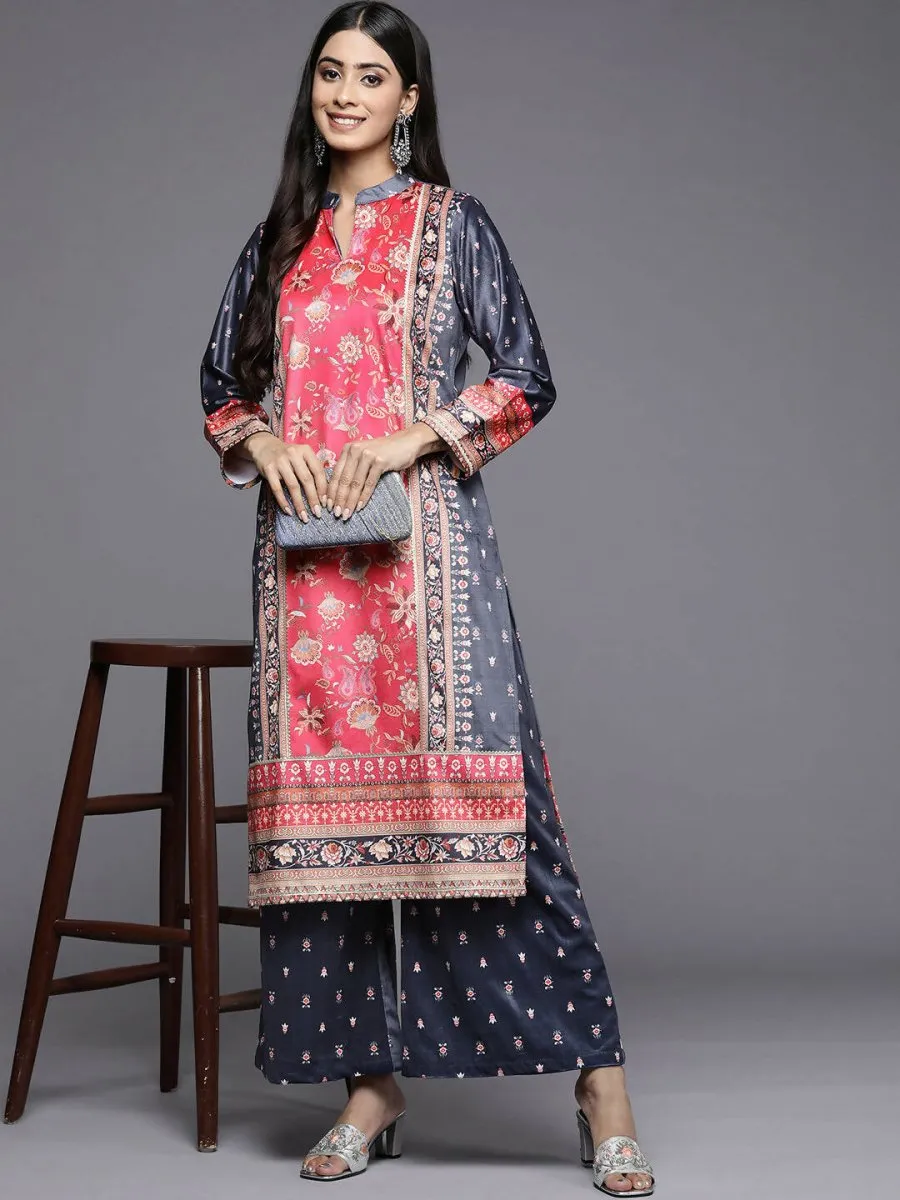 Ahalyaa Women Navy Blue Ethnic Motifs Printed Gotta Patti Velvet Kurta with Palazzos