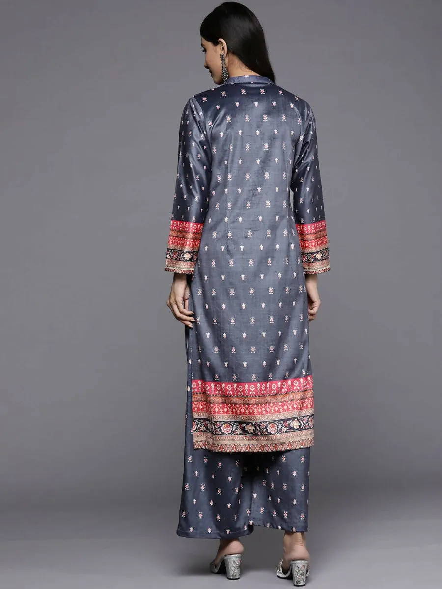 Ahalyaa Women Navy Blue Ethnic Motifs Printed Gotta Patti Velvet Kurta with Palazzos