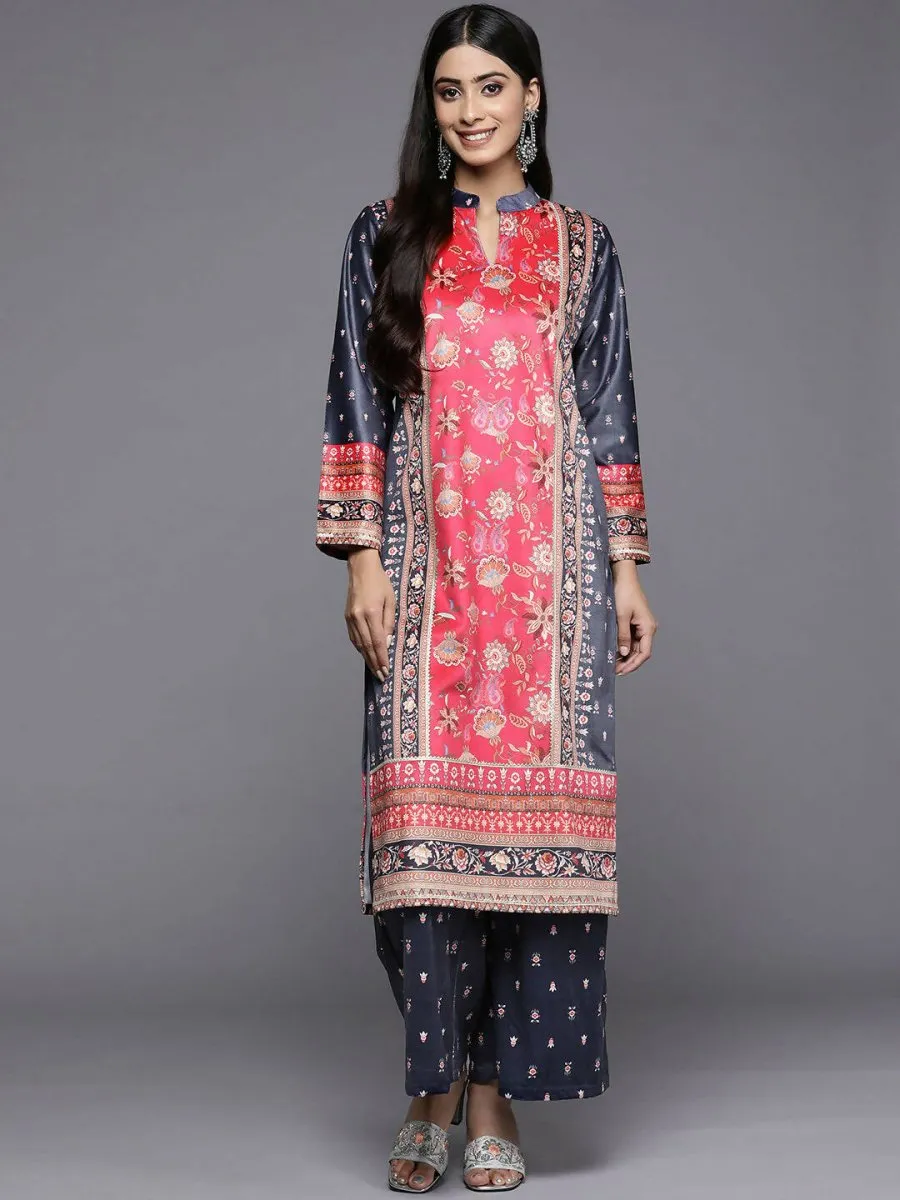 Ahalyaa Women Navy Blue Ethnic Motifs Printed Gotta Patti Velvet Kurta with Palazzos