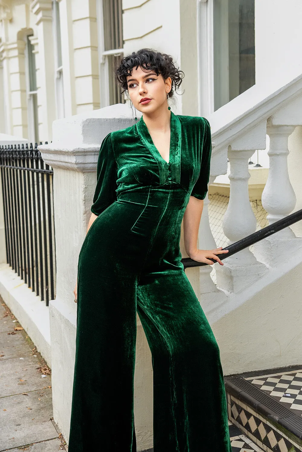 Alana jumpsuit in green silk velvet