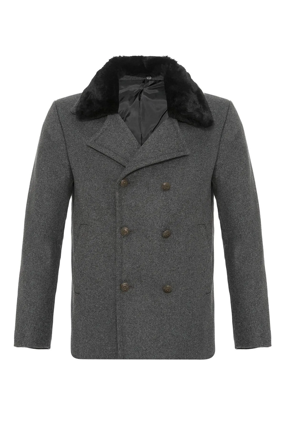 Anthracite Fur Collar Double-Breasted Men's Coat - Wessi