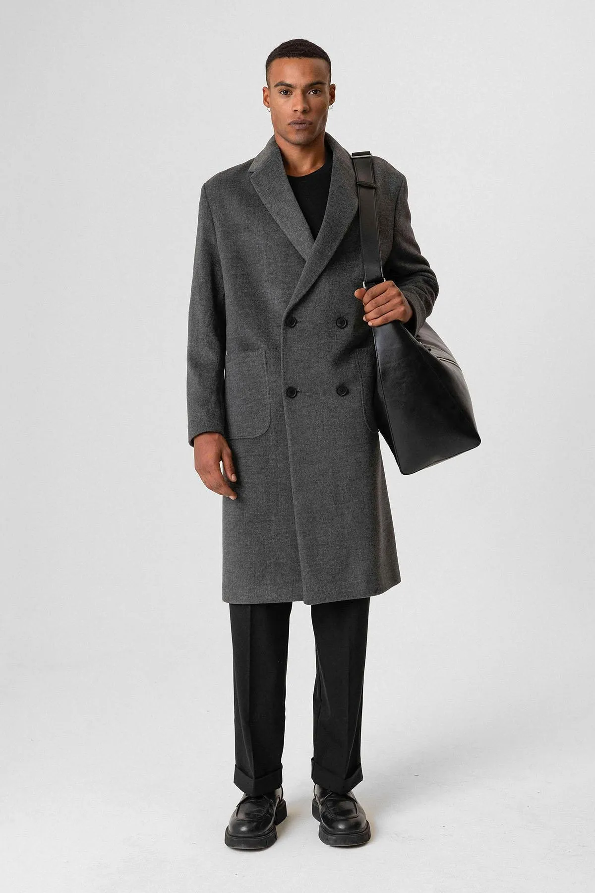 Anthracite Textured Double-Breasted Men's Coat - Wessi