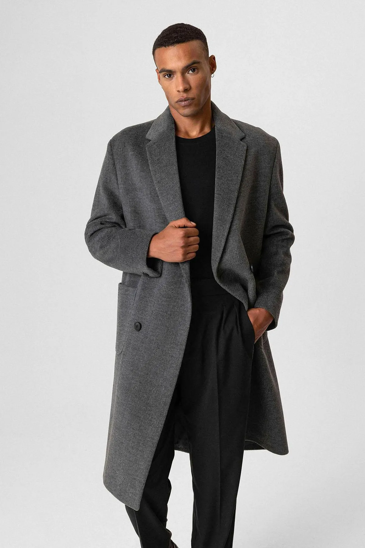 Anthracite Textured Double-Breasted Men's Coat - Wessi