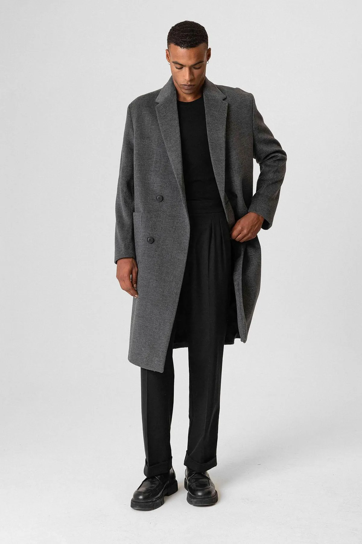 Anthracite Textured Double-Breasted Men's Coat - Wessi