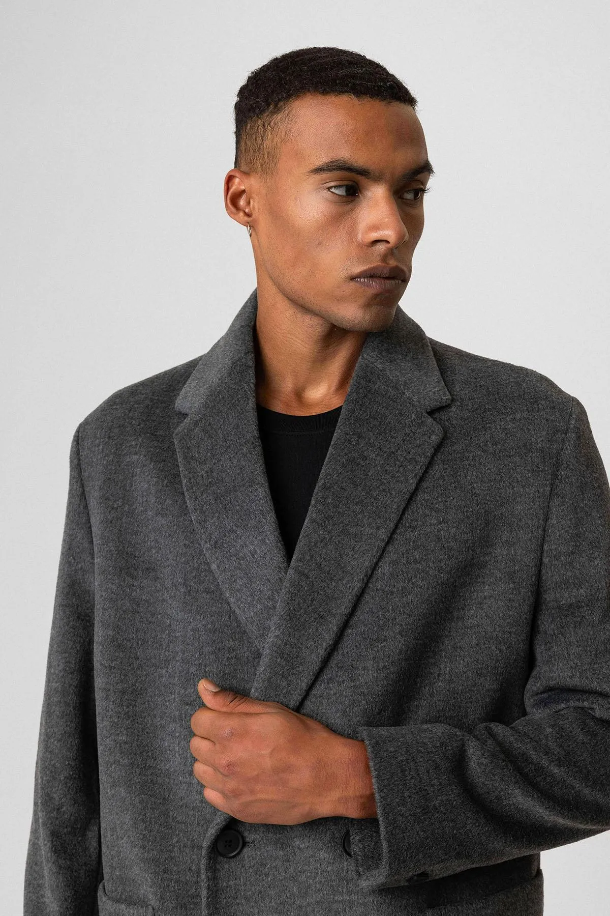 Anthracite Textured Double-Breasted Men's Coat - Wessi