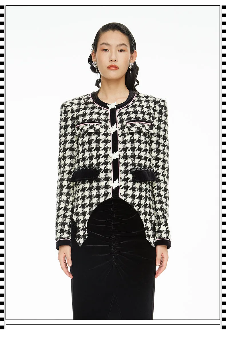 Autumn Winter Retro Butterfly Tail Shaped Velvet Houndstooth Jacket - Samara