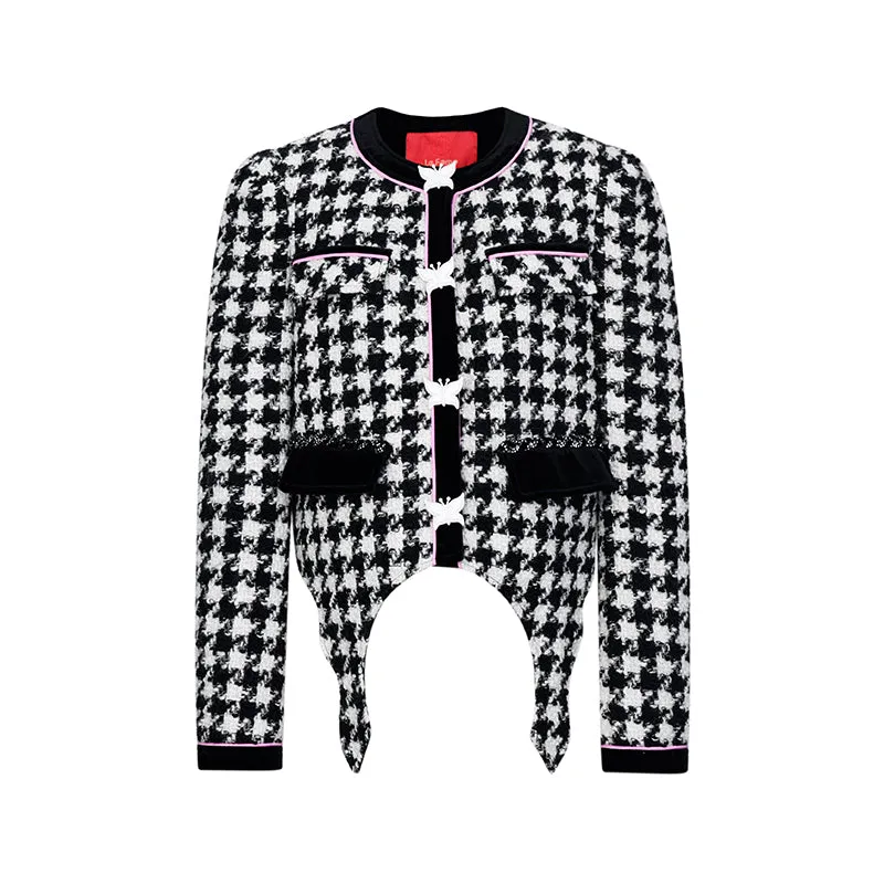 Autumn Winter Retro Butterfly Tail Shaped Velvet Houndstooth Jacket - Samara