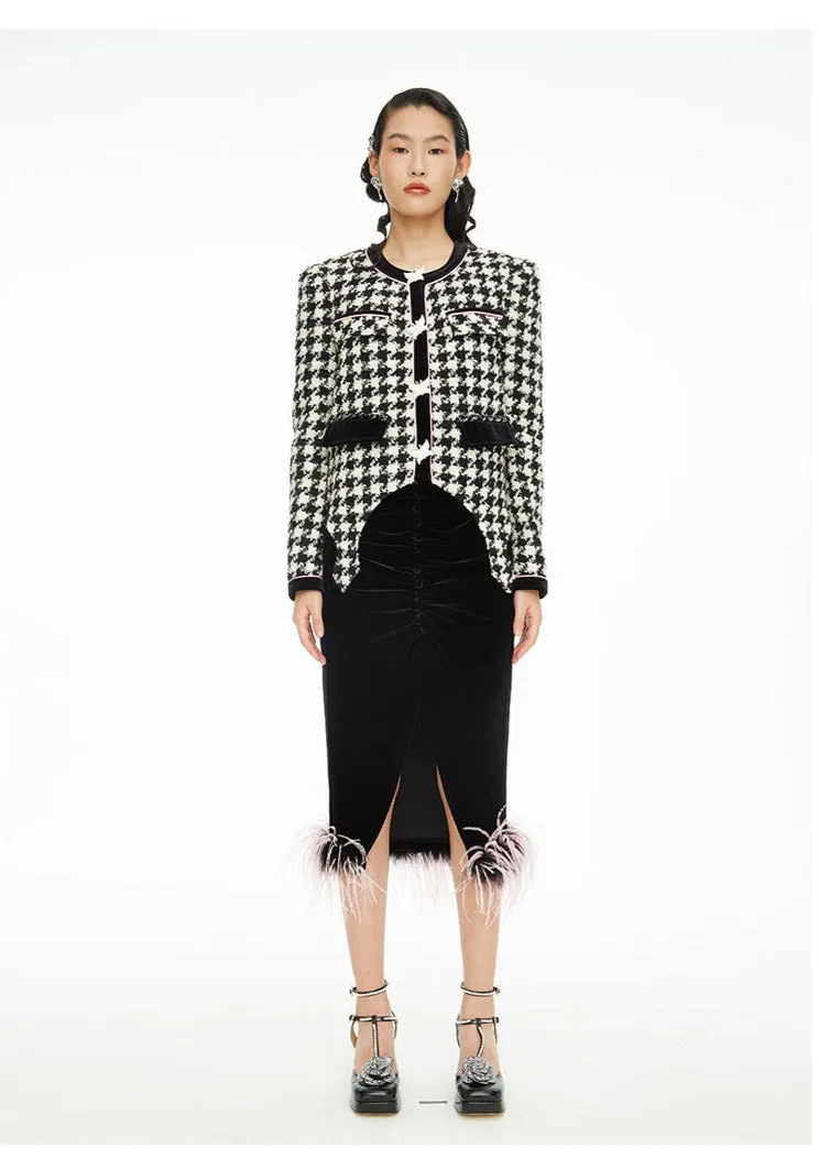 Autumn Winter Retro Butterfly Tail Shaped Velvet Houndstooth Jacket - Samara