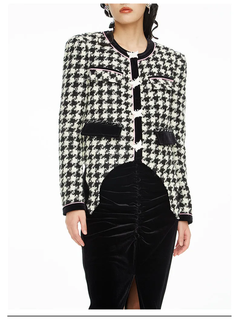 Autumn Winter Retro Butterfly Tail Shaped Velvet Houndstooth Jacket - Samara