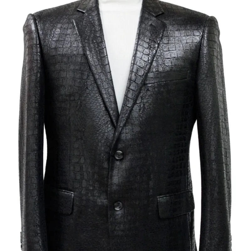 Bassiri Black Men's Alligator Embossed Blazer PU Leather Regular-Fit