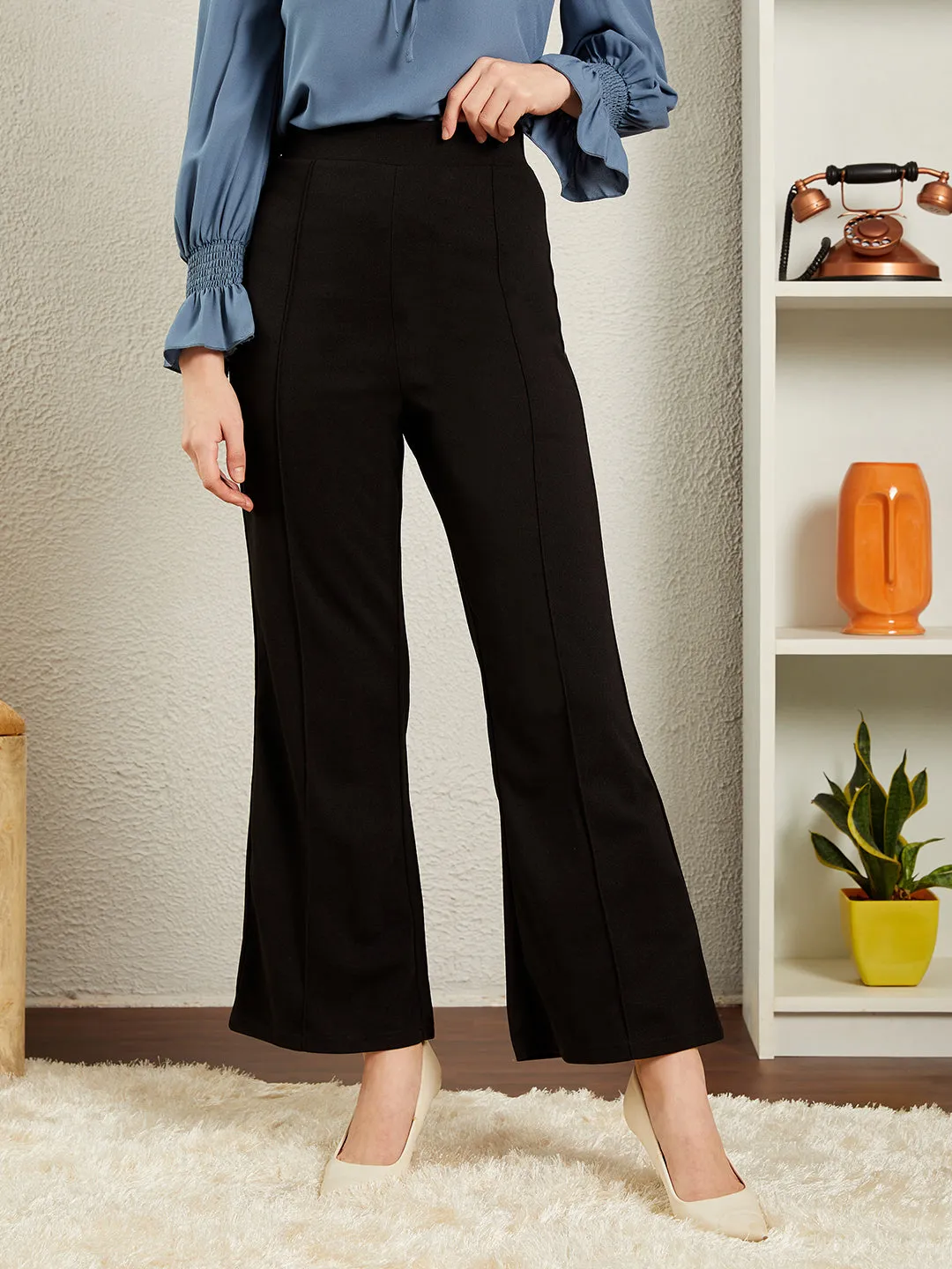 Berrylush BIZwear Women Solid Black High-Rise Waist Slip-On Wide-Leg Flared Trousers