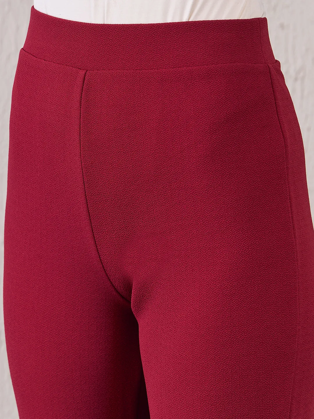 Berrylush Women Solid Red High-Rise Waist Front-Flat Pleat Wide-Leg Knitted Regular Trousers