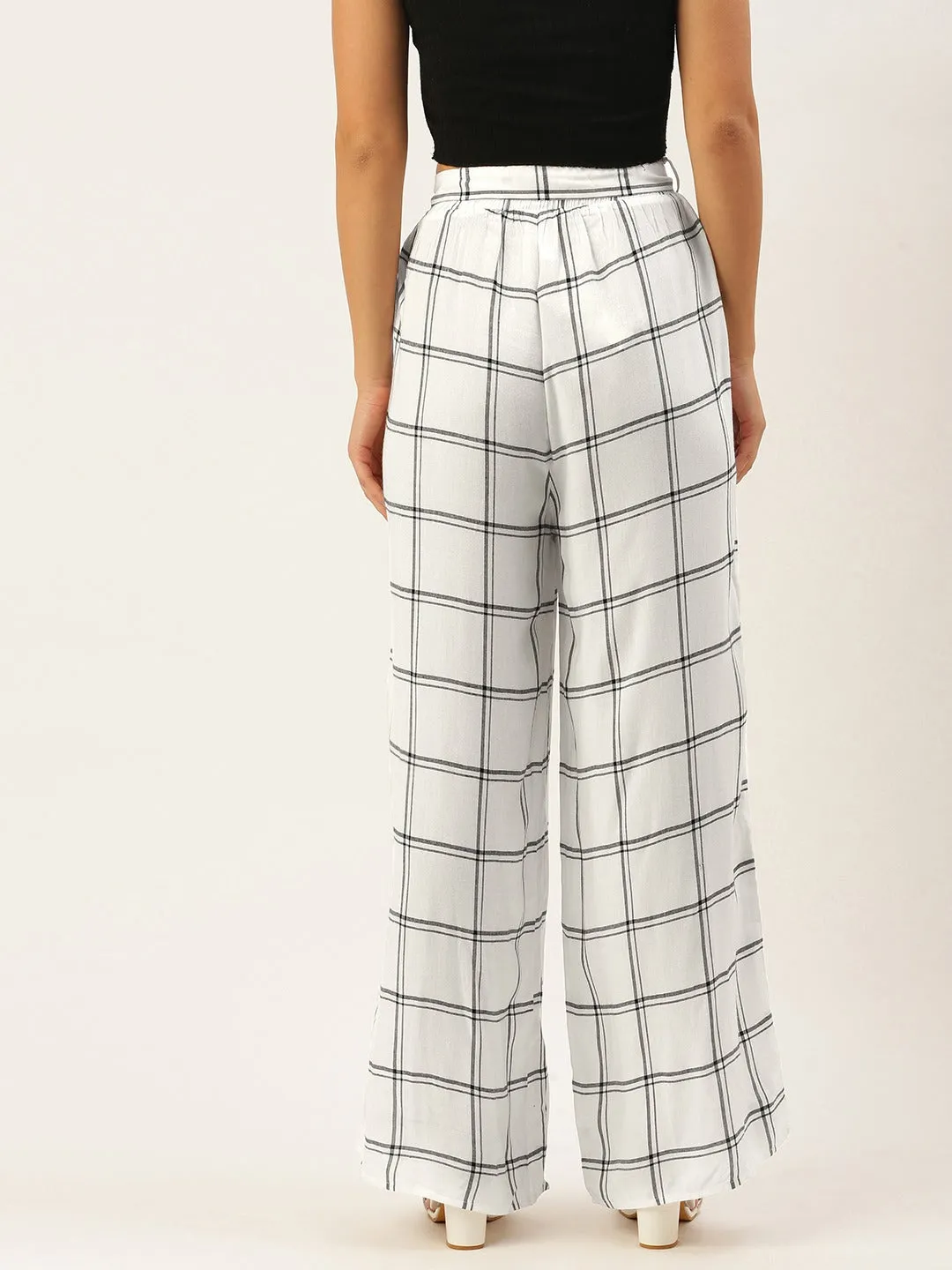 Berrylush Women White & Black Checked Print Drawstring Waist High-Rise Wide Leg Trousers