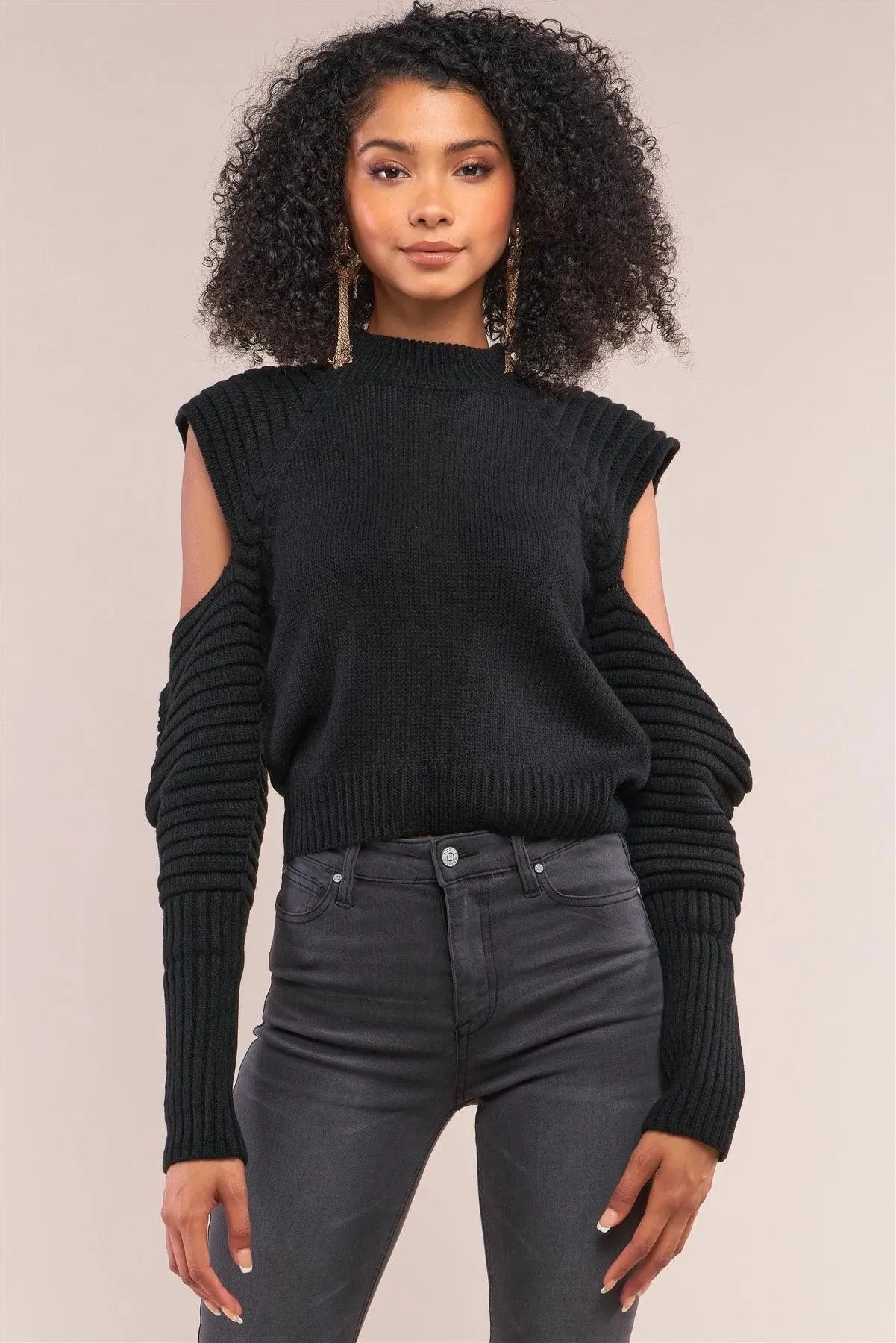 Black Knit Ribbed Neck Long Pleated Sleeve Cut-Out Detail Cropped Sweater