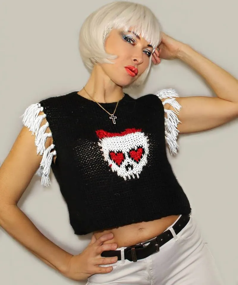 Black Wool Skull Cropped Top with Fringe, Vintage sweater vest