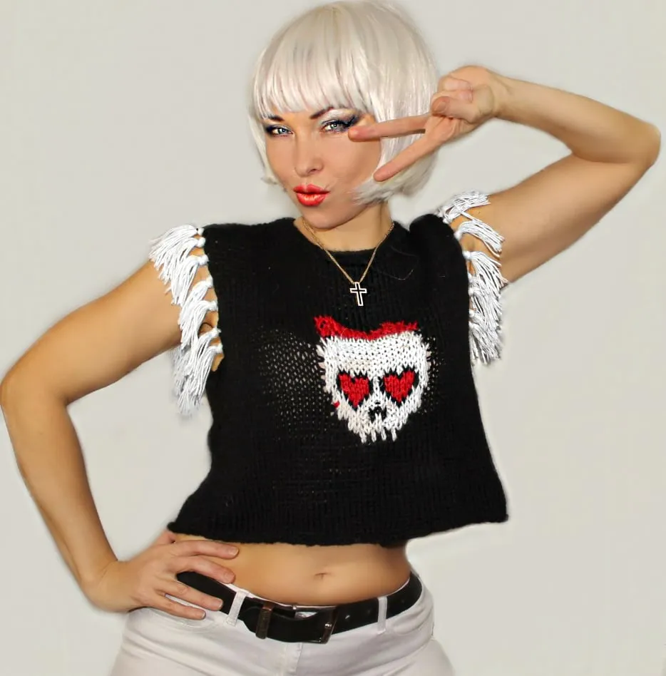 Black Wool Skull Cropped Top with Fringe, Vintage sweater vest