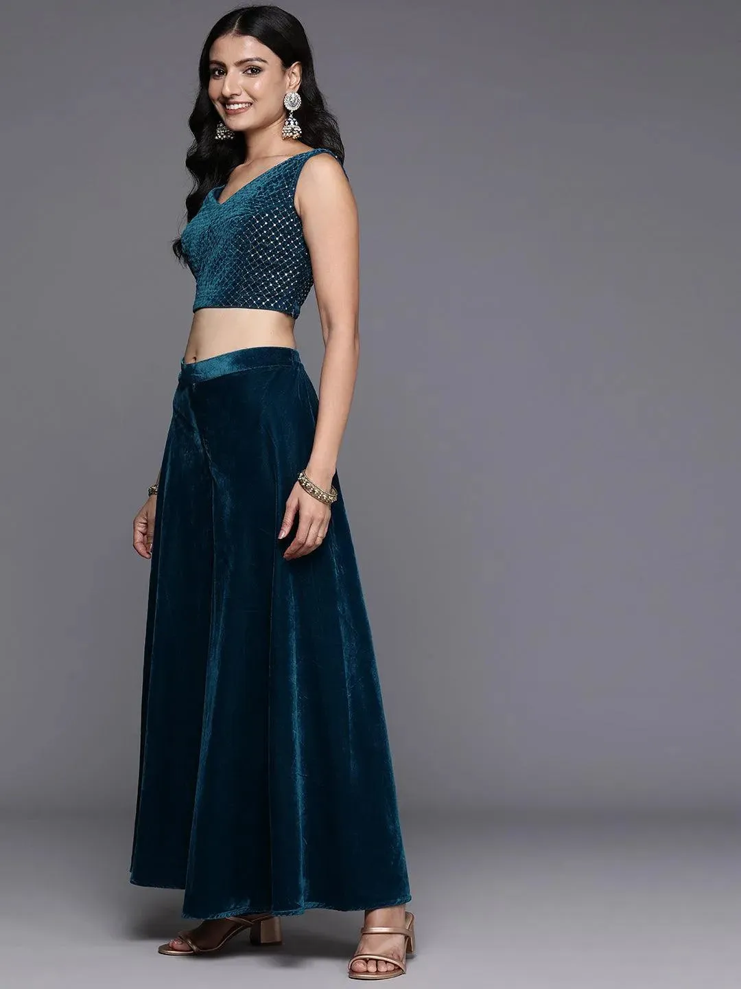 Blue Embellished Velvet Co-Ords