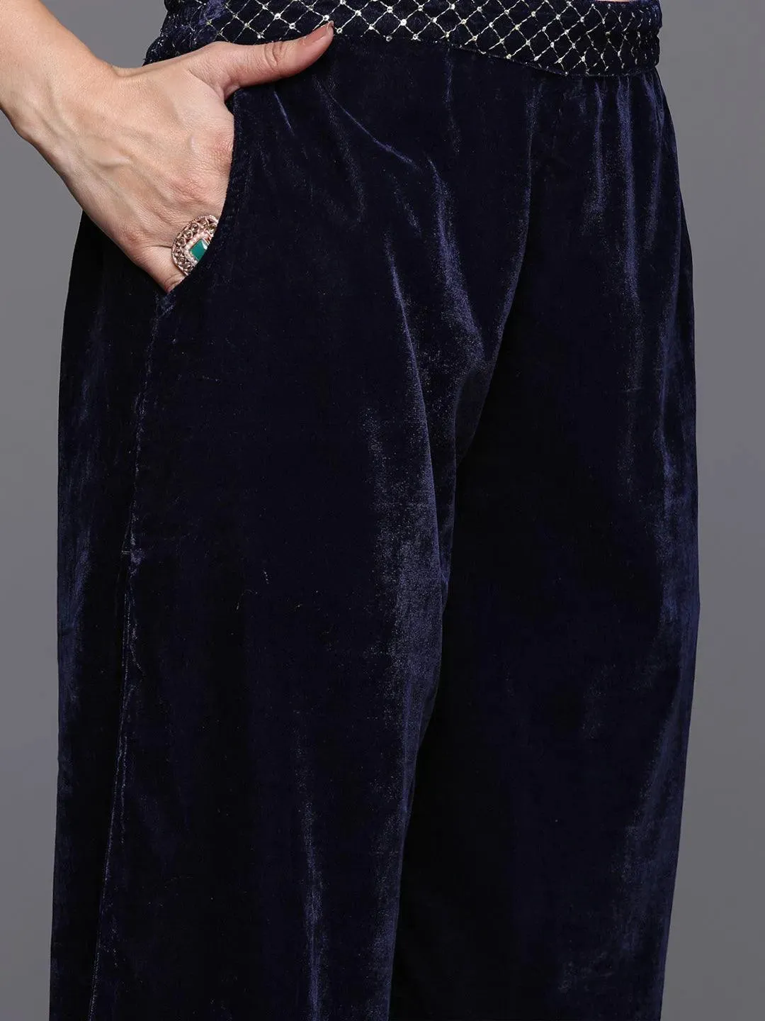 Blue Solid Velvet 3 Piece Co-Ords