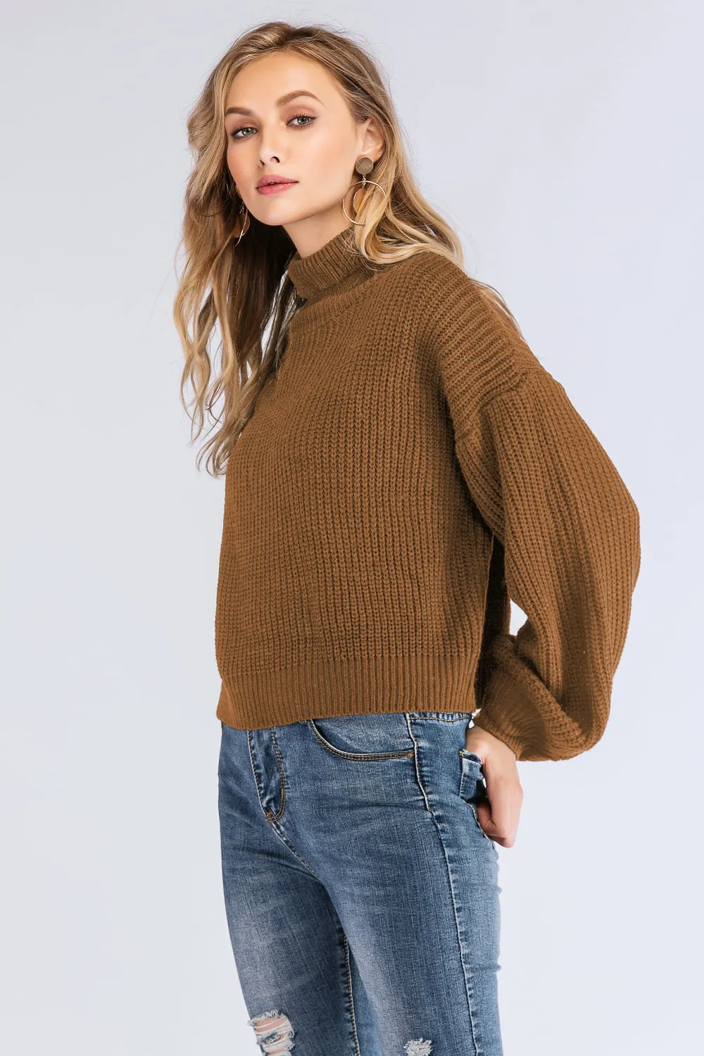 Boho Turtleneck Rib-Knit Lantern Sleeve Sweater