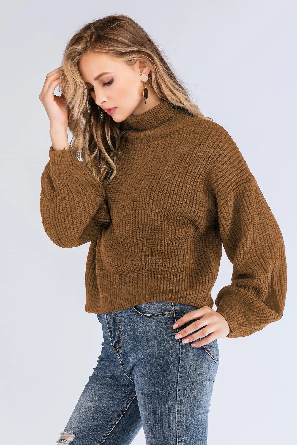 Boho Turtleneck Rib-Knit Lantern Sleeve Sweater