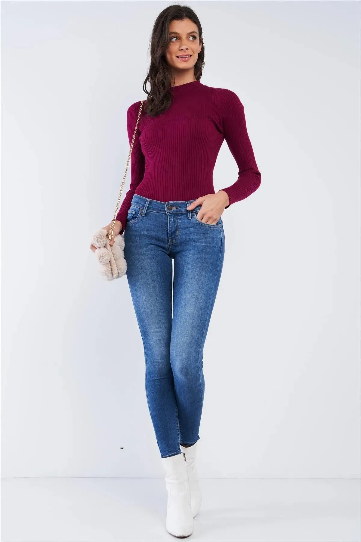 Burgundy Tight Fit Long Sleeve Semi-Turtleneck Ribbed Bodysuit /3-3