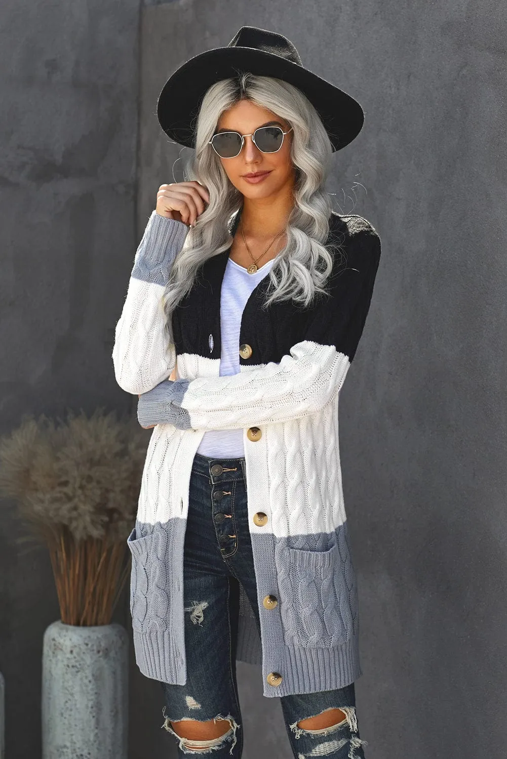 Cable Knit Cardigan with Side Pockets