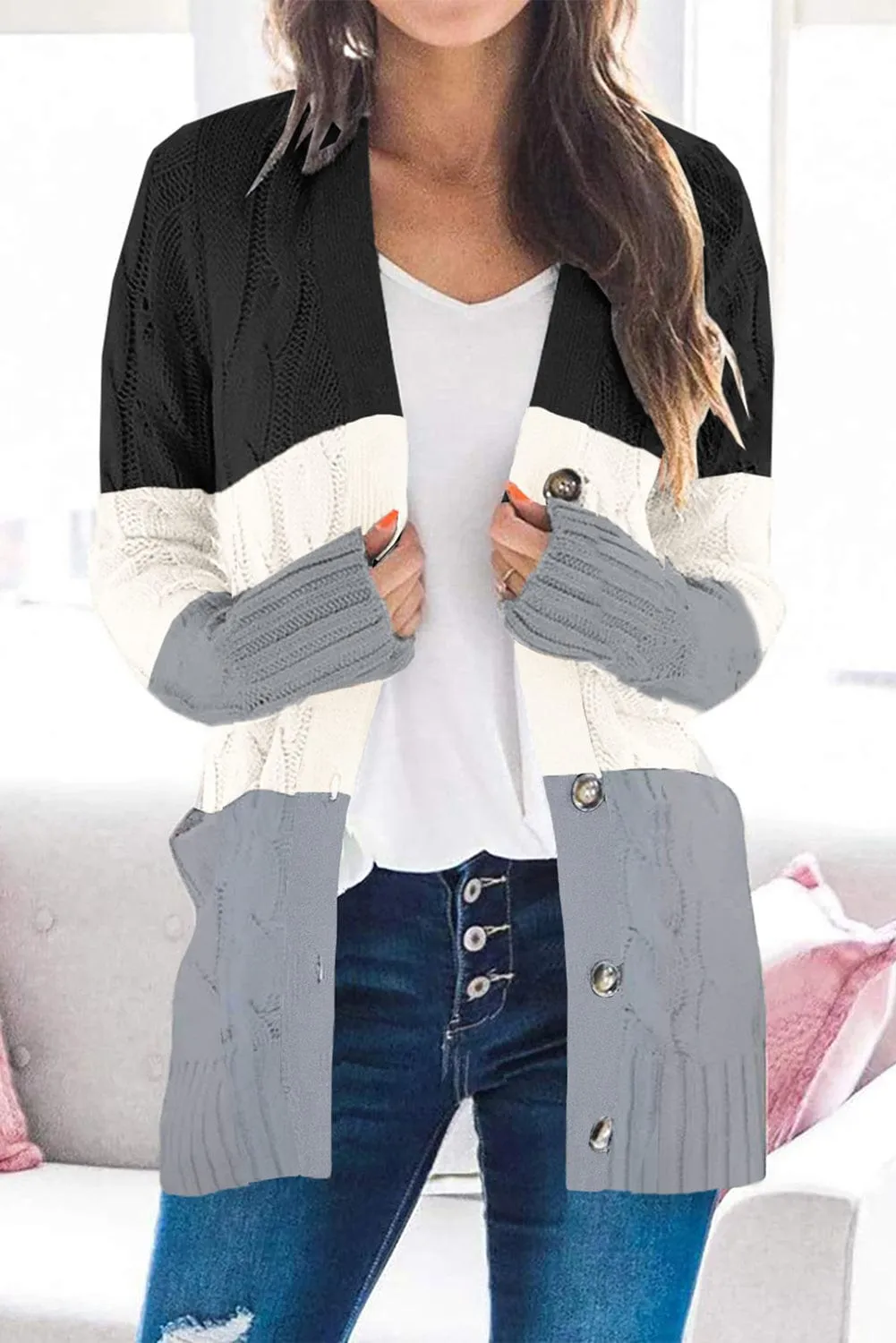 Cable Knit Cardigan with Side Pockets