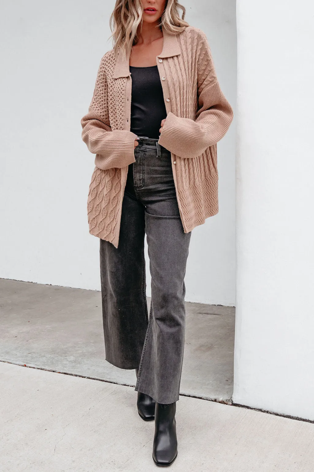 Camel Cable Knit Sweater Cardigan