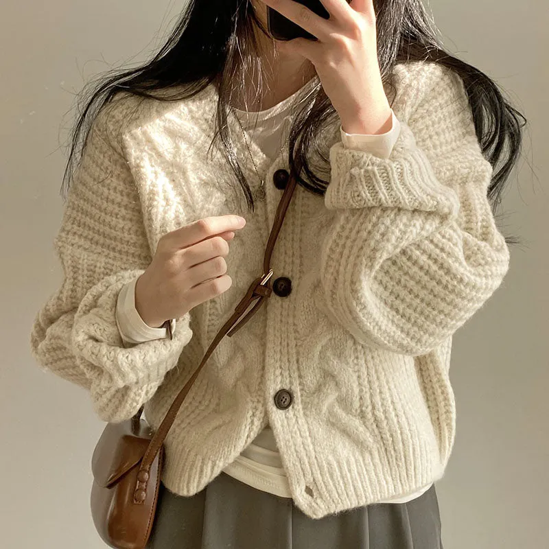 christmas outfit Sonicelife Solid V Neck Puff Sleeve Cable Knit Cardigan