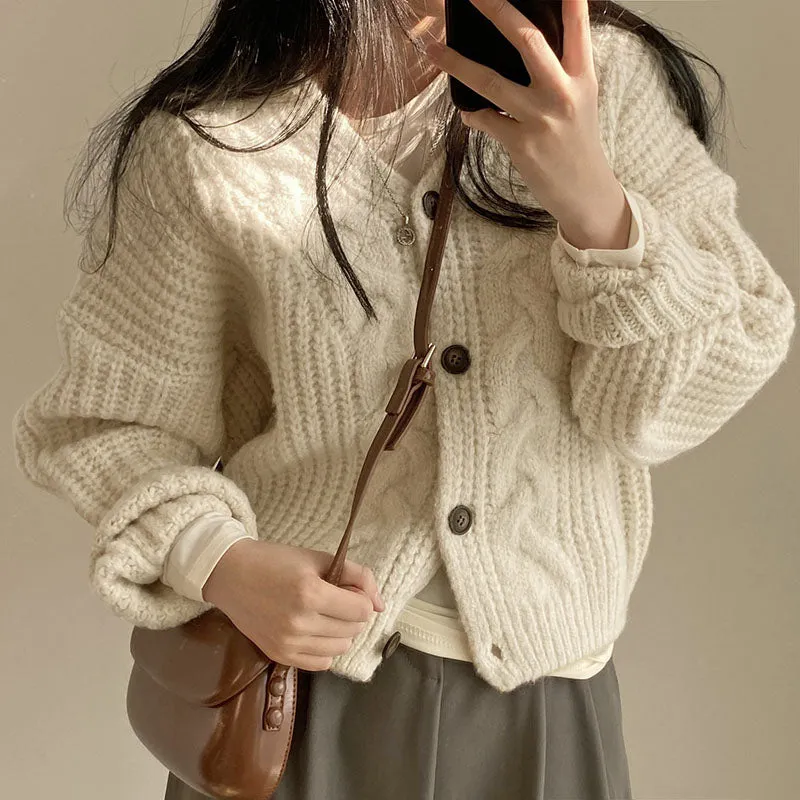 christmas outfit Sonicelife Solid V Neck Puff Sleeve Cable Knit Cardigan