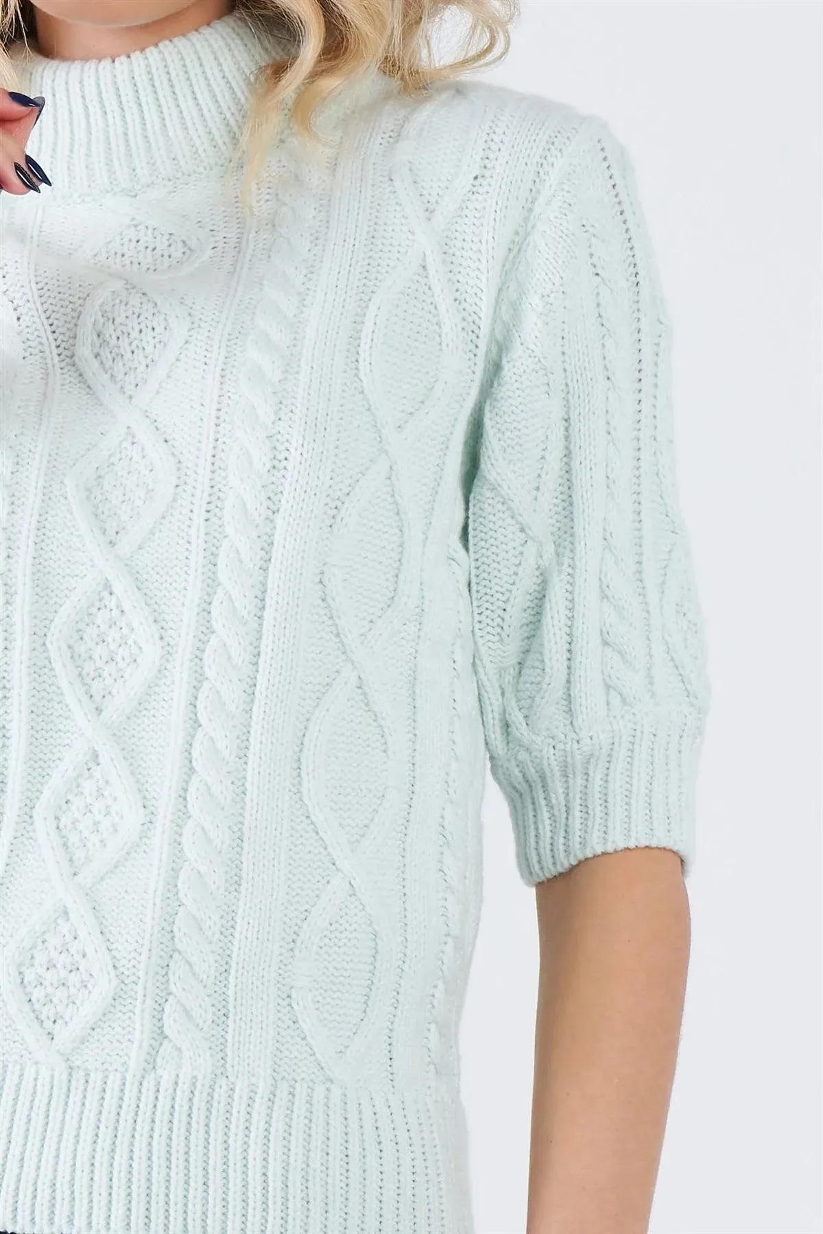 Cloud Blue Cable Knit Casual 3/4 Sleeve Mock Neck Chic Sweater  /3-2-1