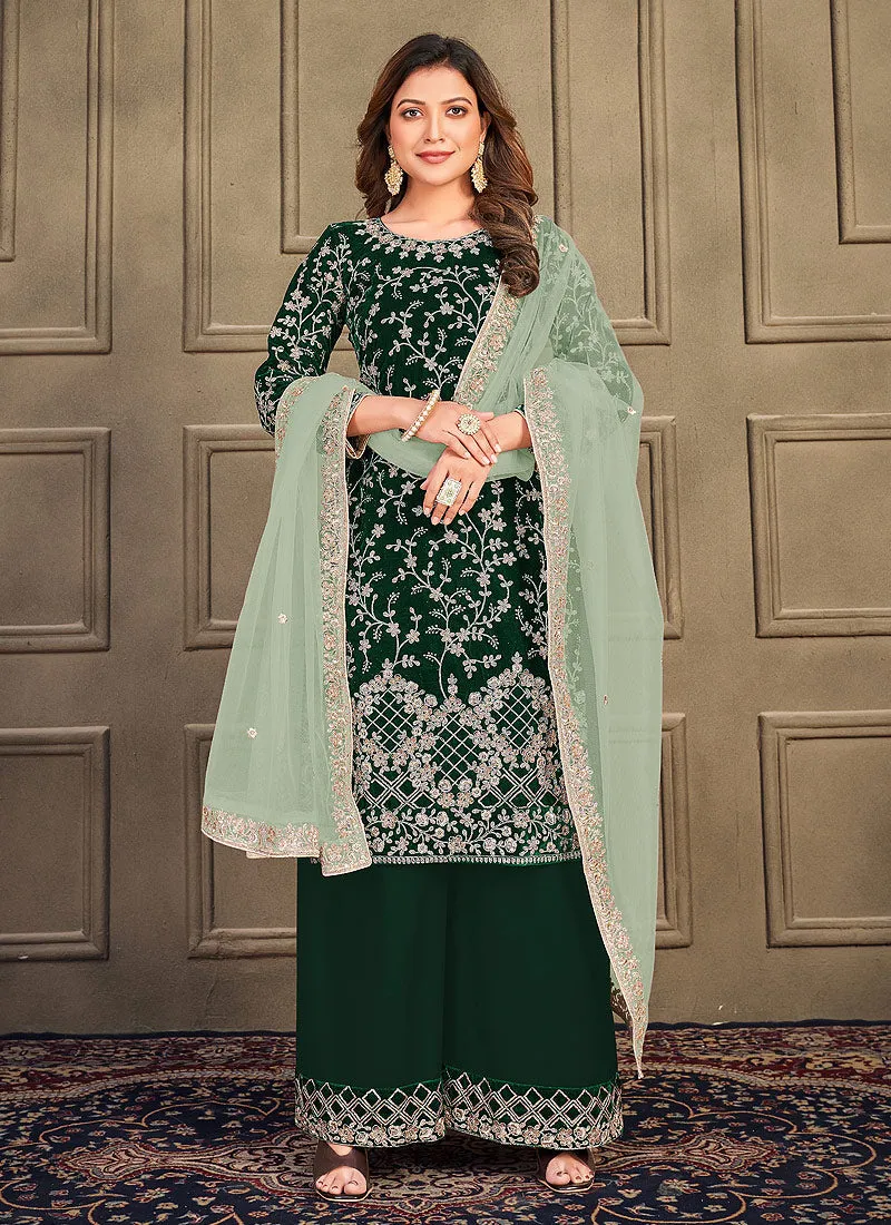 Dark Green Embroidery Traditional Palazzo Suit