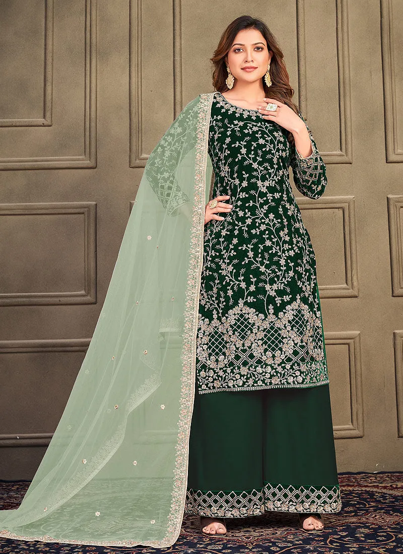 Dark Green Embroidery Traditional Palazzo Suit