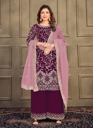 Deep Wine Embroidery Traditional Palazzo Suit