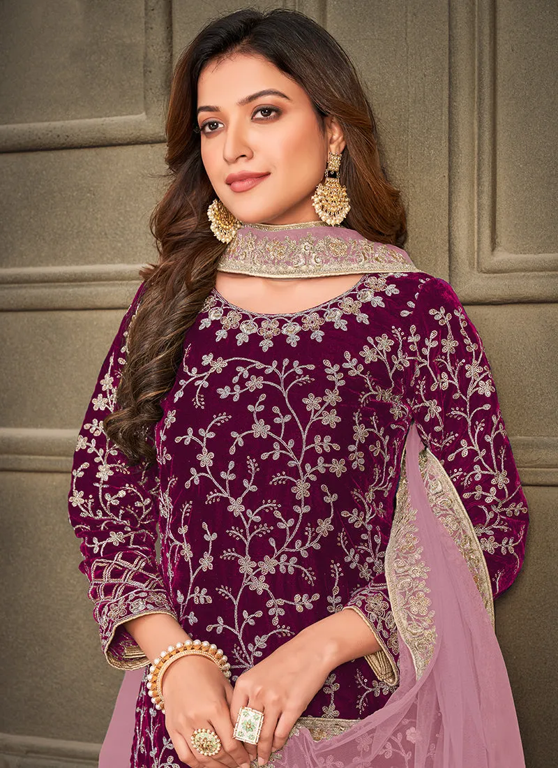 Deep Wine Embroidery Traditional Palazzo Suit