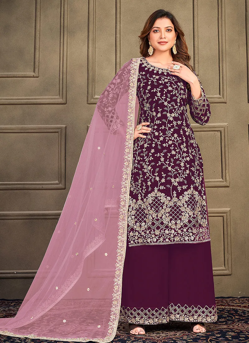 Deep Wine Embroidery Traditional Palazzo Suit