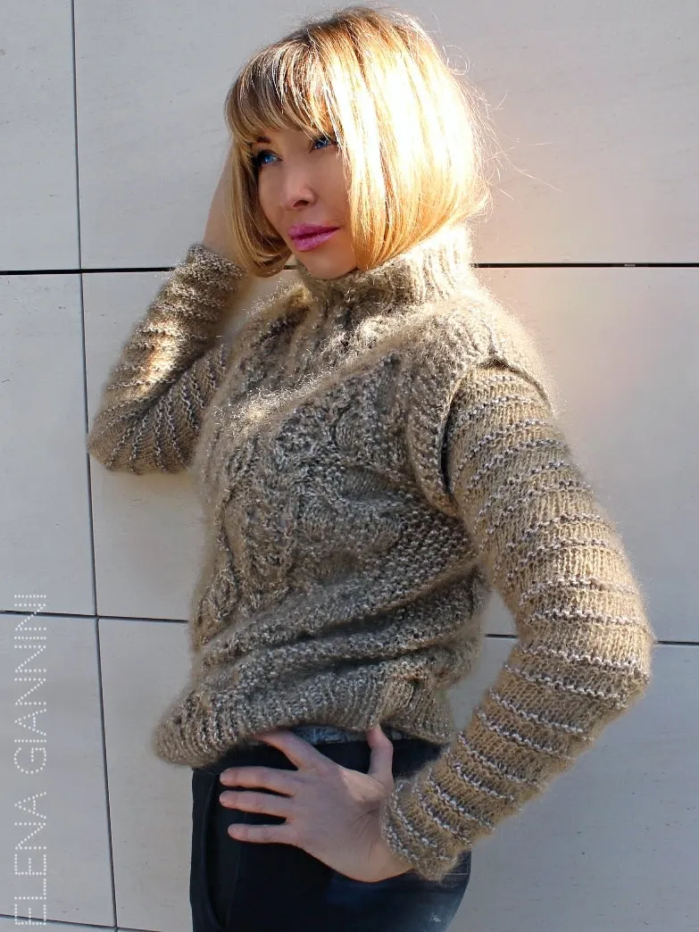 Designer Handknitted Mohair Sweater with Arans and Cables