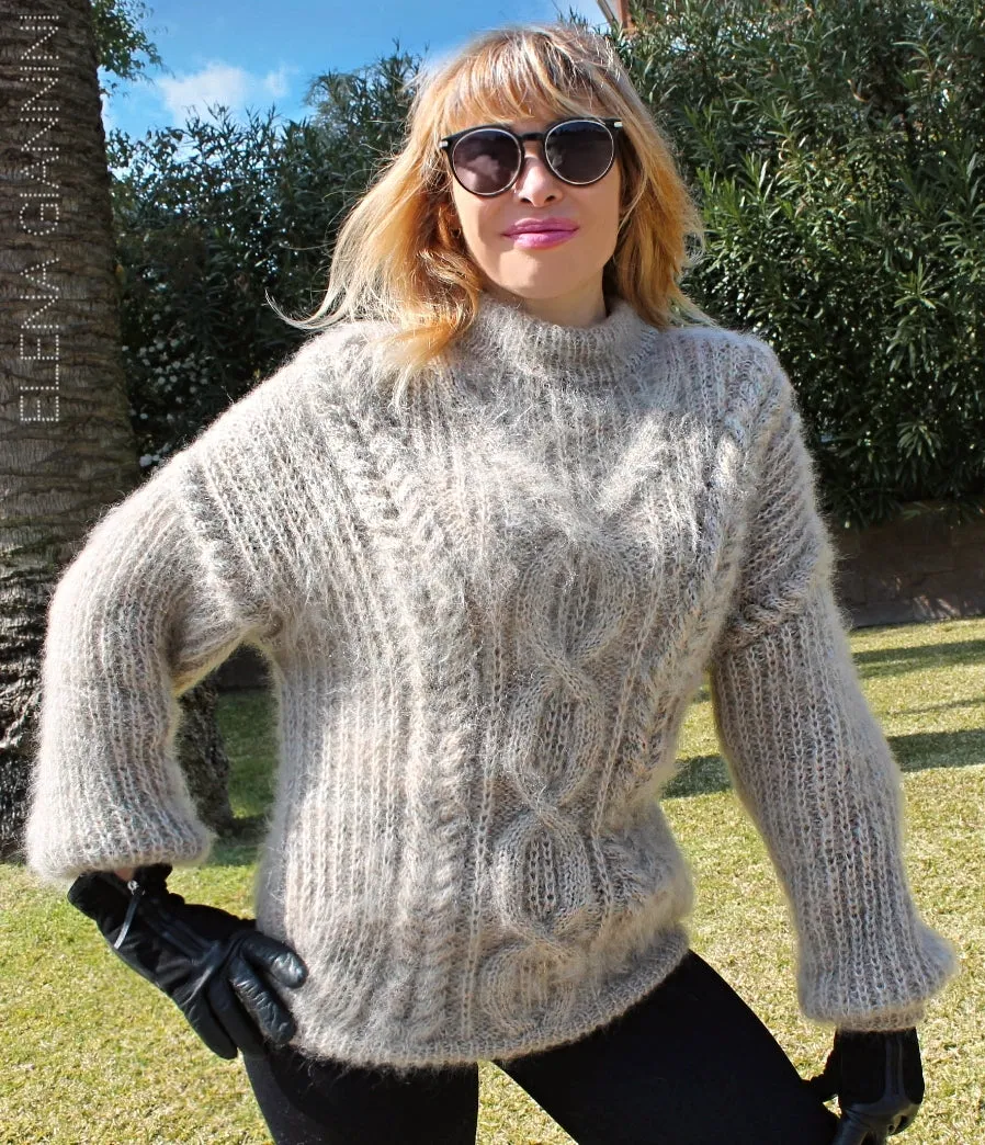 Designer Handknitted Oversized Fluffy Sweater with Cables