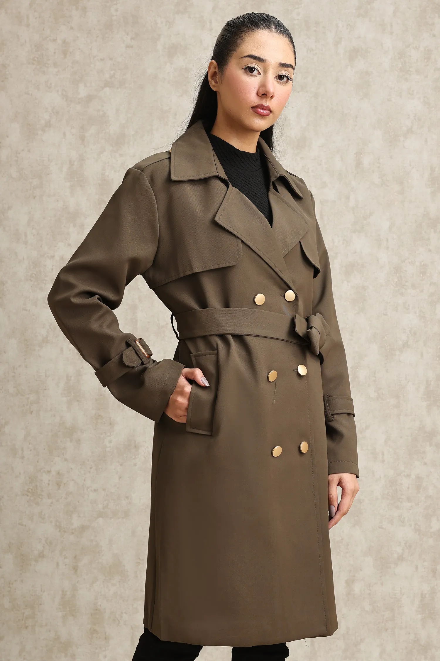 DOUBLE-BREASTED TRENCH COAT-COFFEE