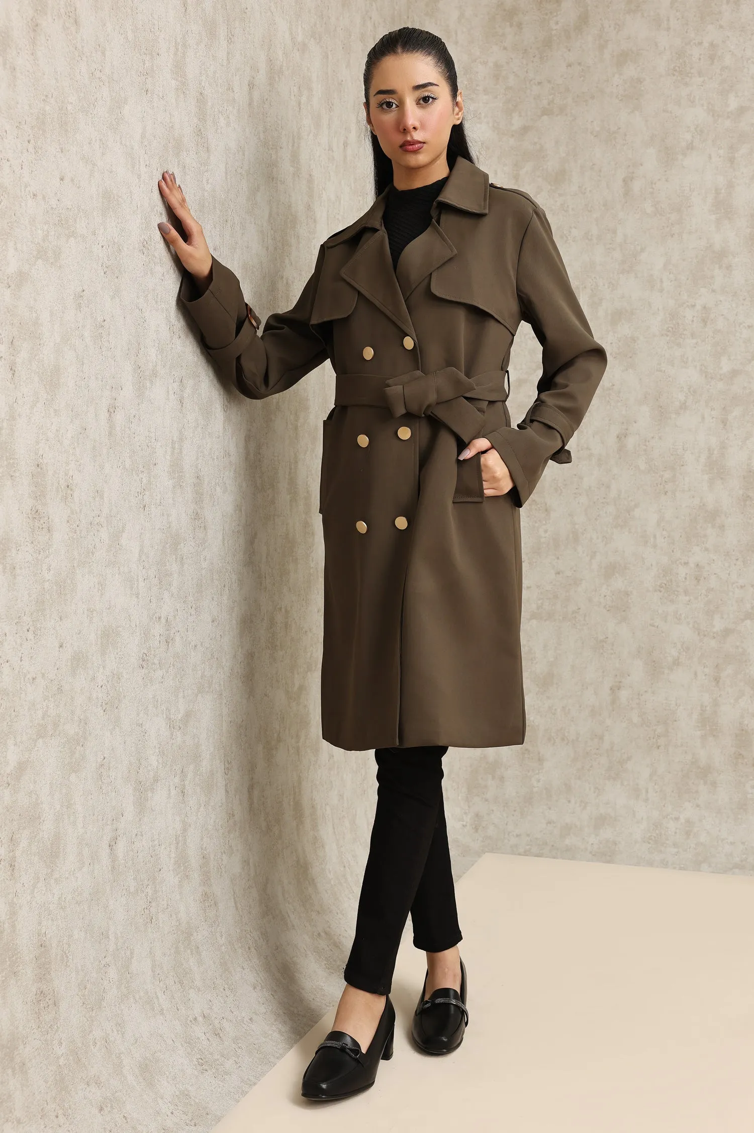 DOUBLE-BREASTED TRENCH COAT-COFFEE