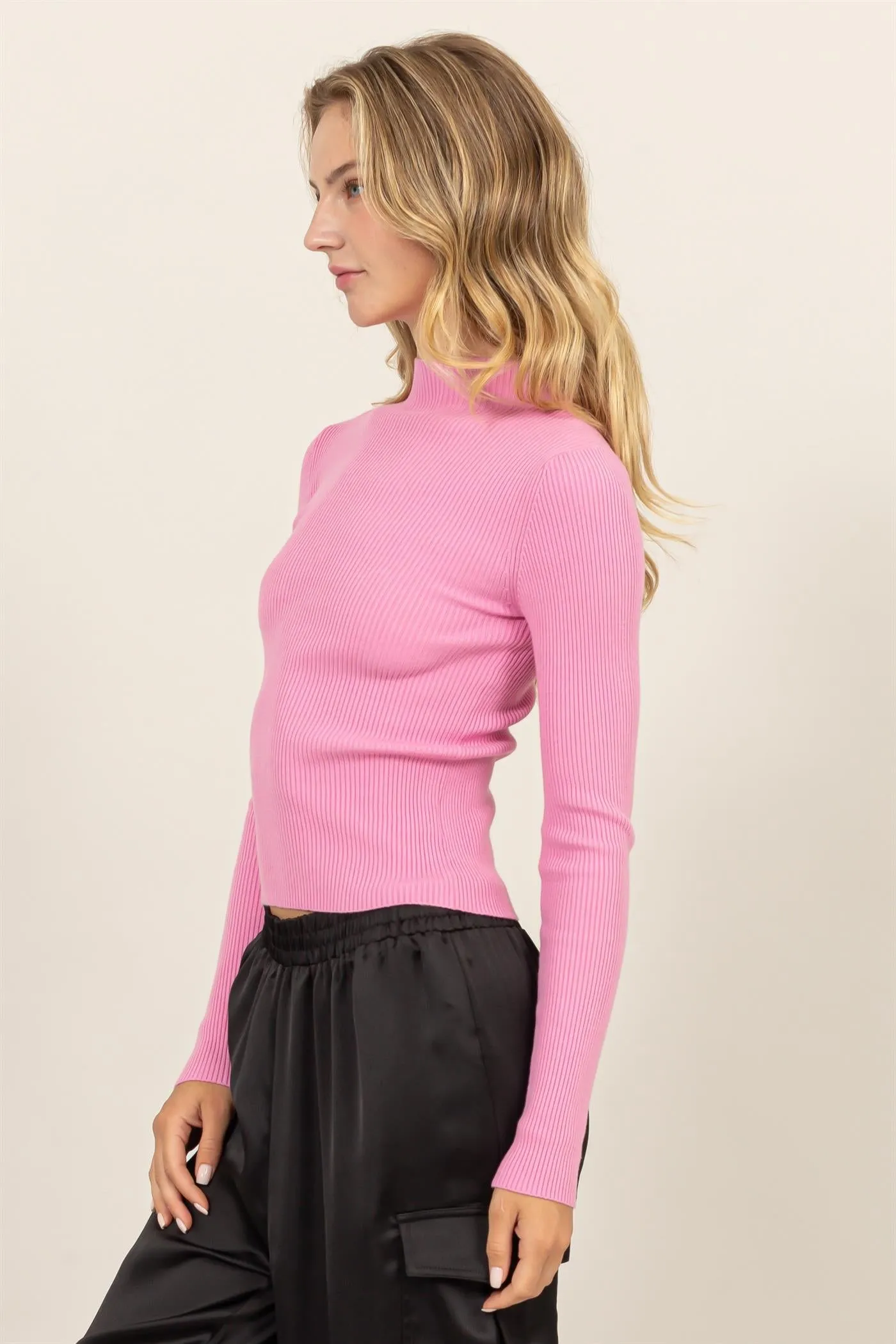 DZ24E948-RIBBED MOCK NECK LONG SLEEVE SWEATER TOP