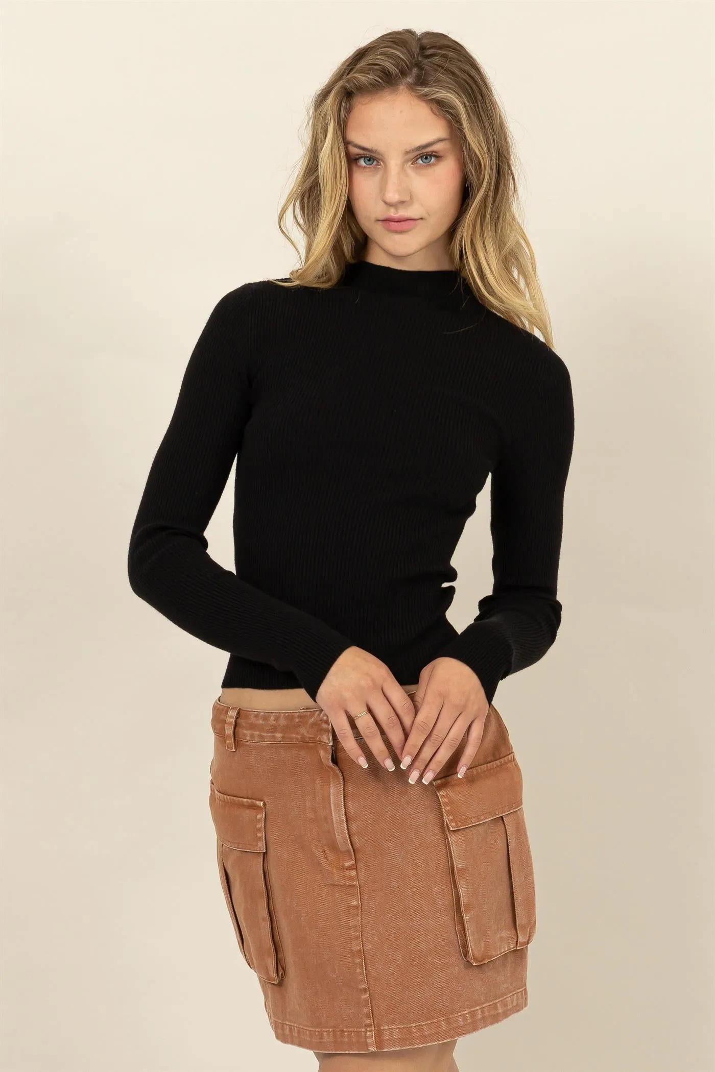 DZ24E948-RIBBED MOCK NECK LONG SLEEVE SWEATER TOP