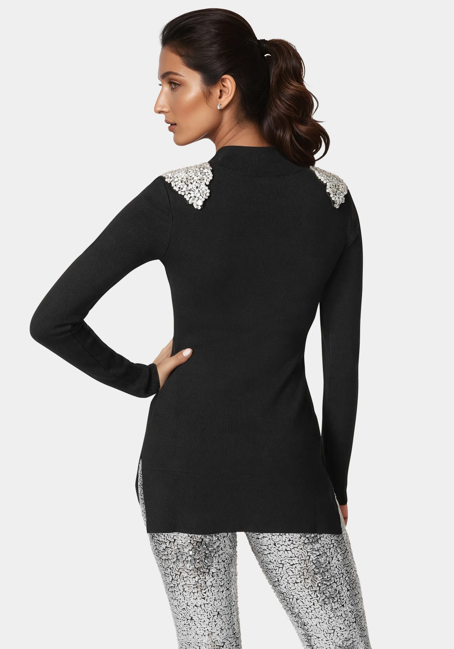 Embellished Mock Neck Tunic Sweater