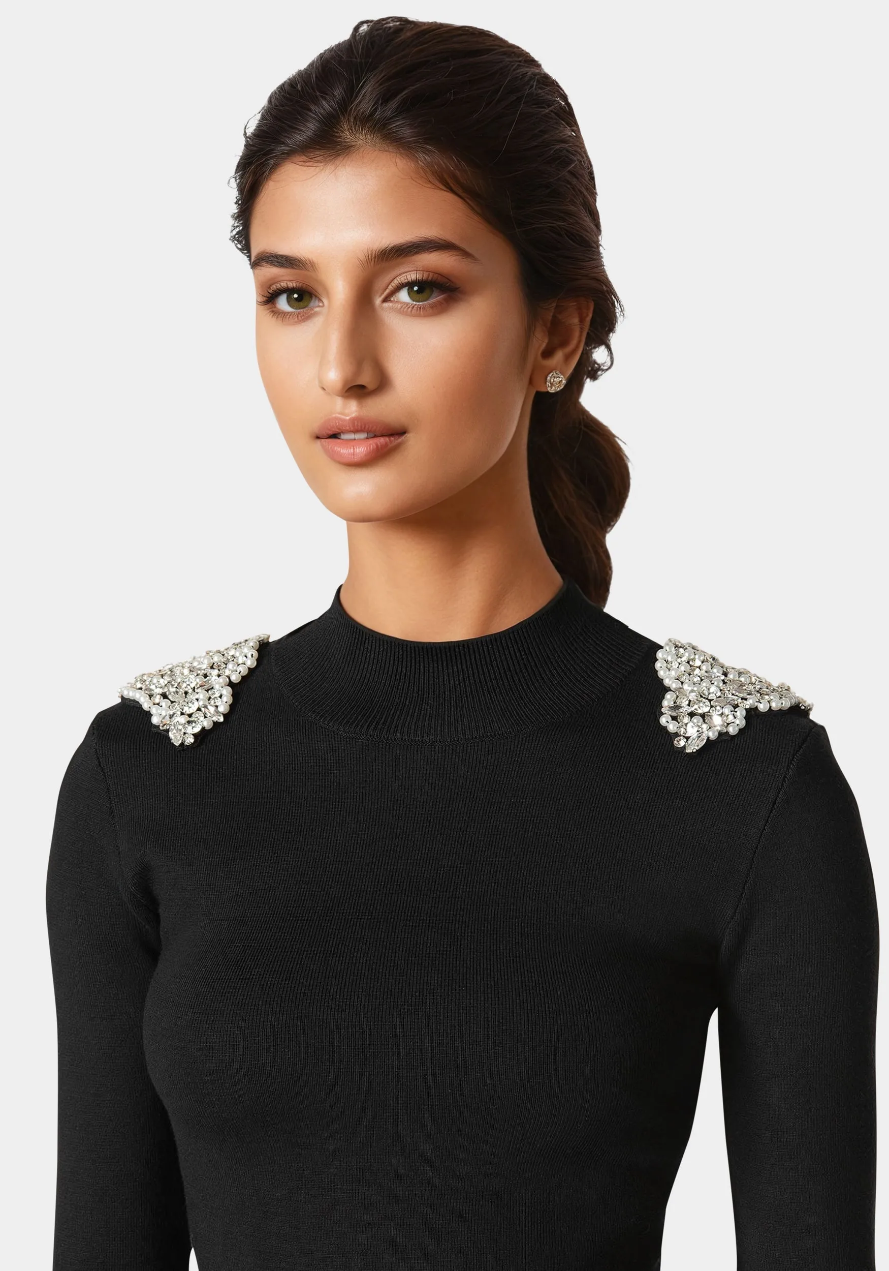 Embellished Mock Neck Tunic Sweater