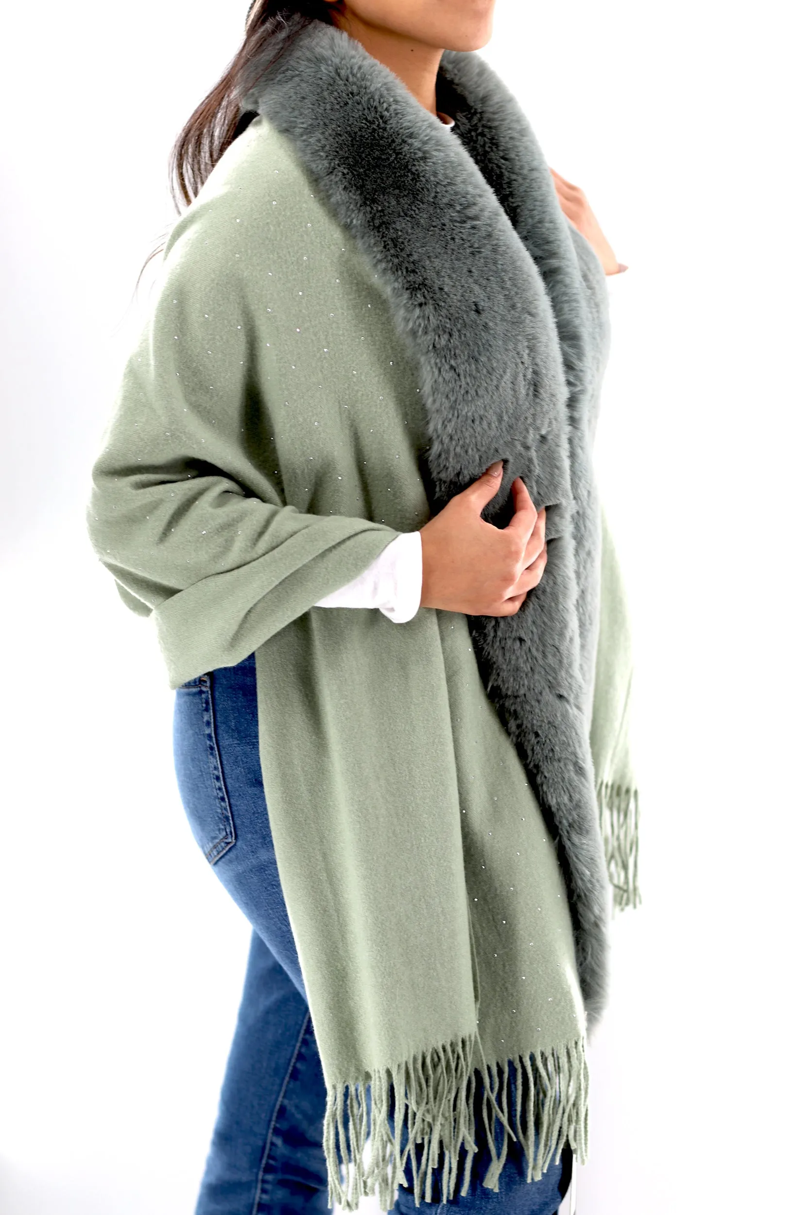 Faux fur trim wrap with Embellishments -Light Green