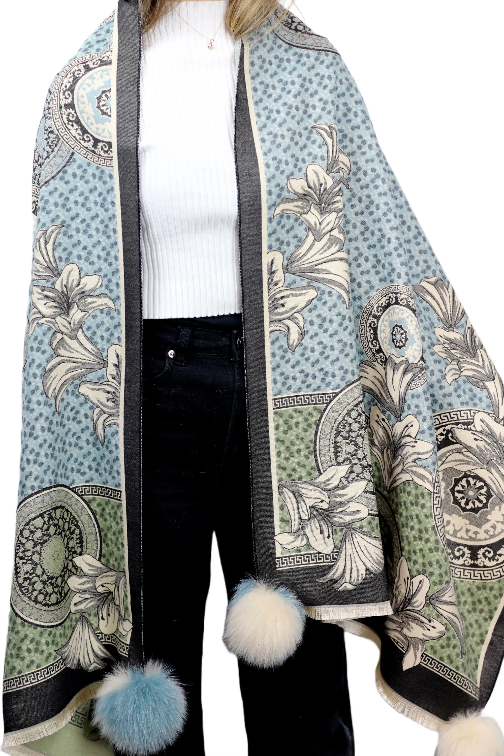 Floral & Abstract Print Wrap with Fox Poms - Blue/Beige