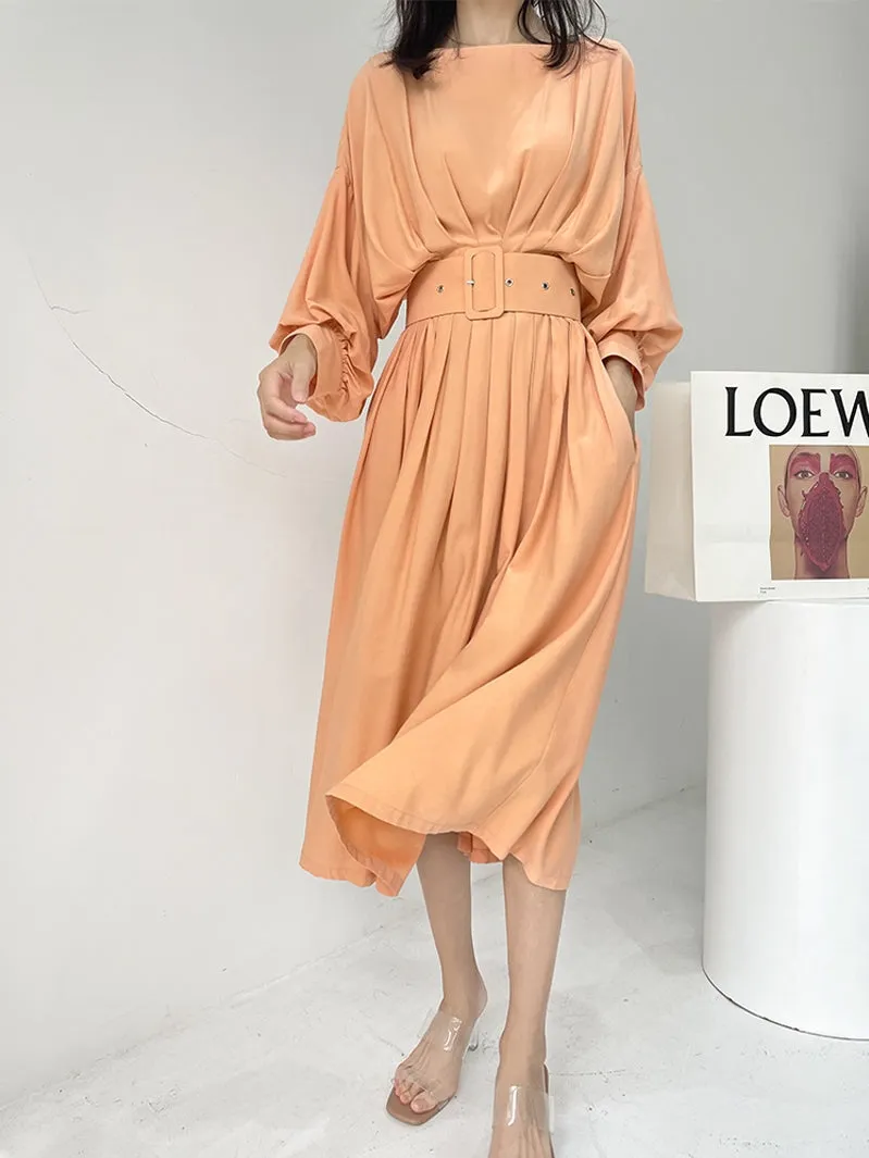 French elegant bat sleeve pleated waist midi loose swing dress - Kweai